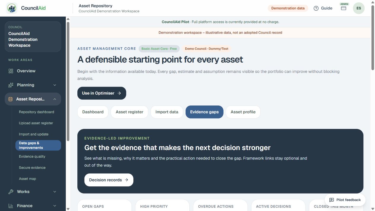 Example CouncilAid screen for step 3: Check the evidence