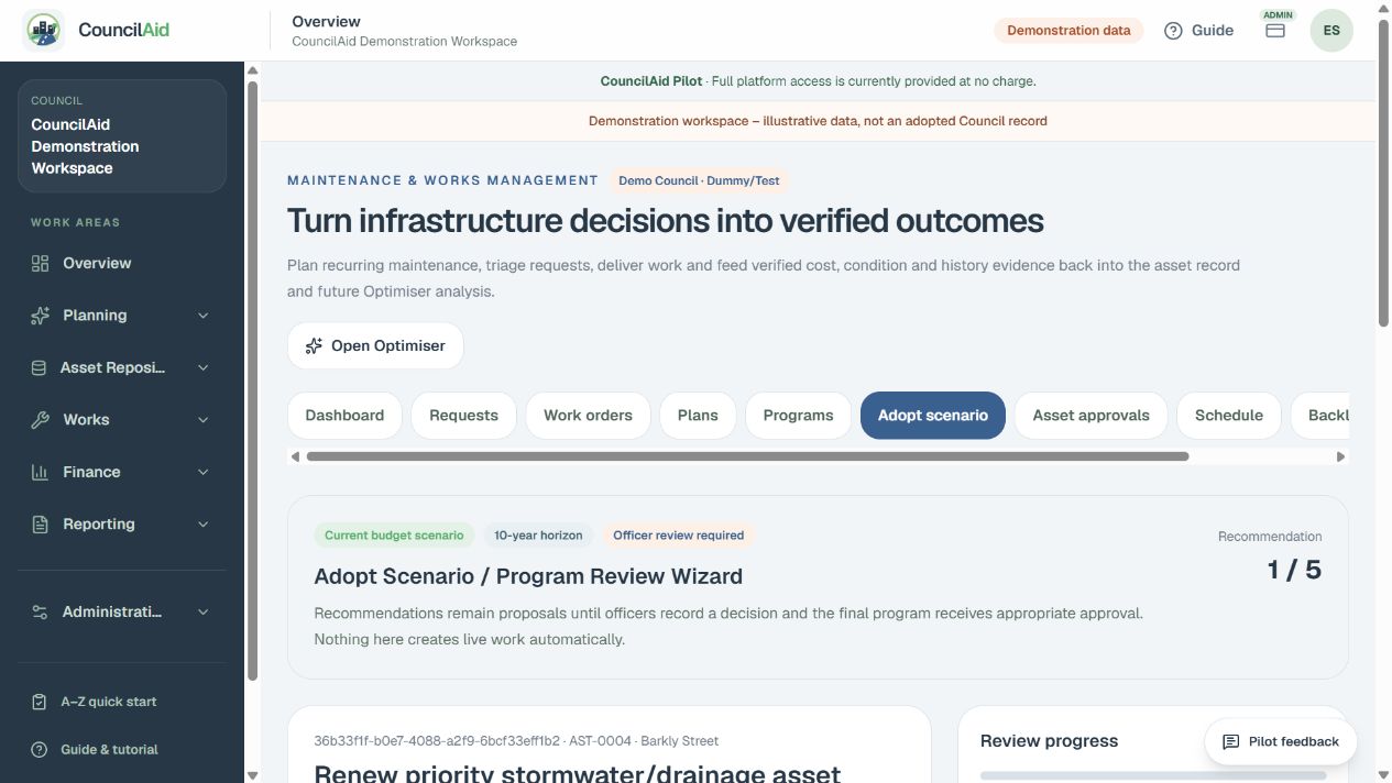 Example CouncilAid screen for step 8: Review and adopt the program